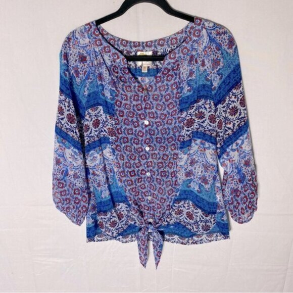 Fig And Flower Blue Red White Multi Print Boho tTie Front Semi Sheer Blouse M - Picture 15 of 15